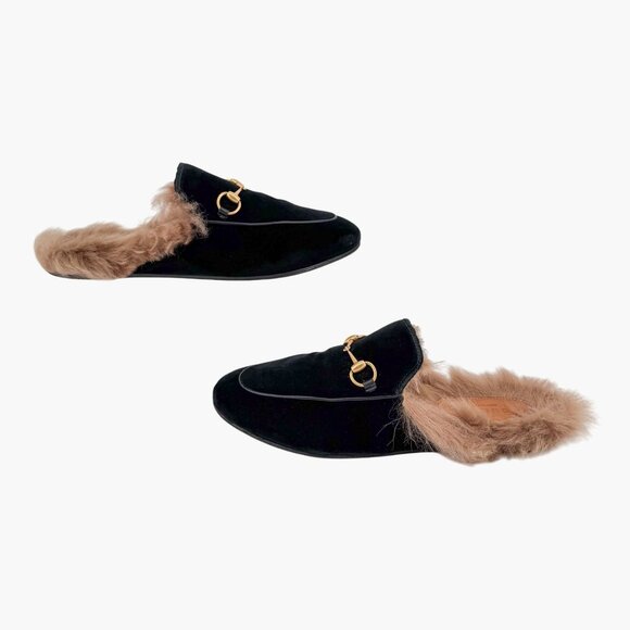 Gucci Princetown Black Velvet Fur Lined Horsebit Mules Size 38.5 US 8.5 Women's - Picture 7 of 15